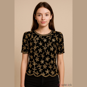 Vintage Stenay Black Silk Top with Gold Floral Beaded Embroidery 100% silk